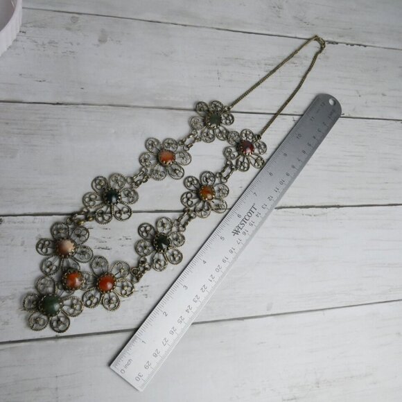 Vintage Hippie Flower Power Filigree Gemstones Bib Necklace Indian Style - Picture 7 of 10